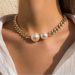 Vintage Punk Cuban Chains & Gothic Round Pearl Pendant Necklace